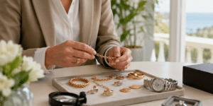 Bijoux anciens, chaînes, bagues, pièces et montre examinés avant estimation au comptoir AOV de Chatou.